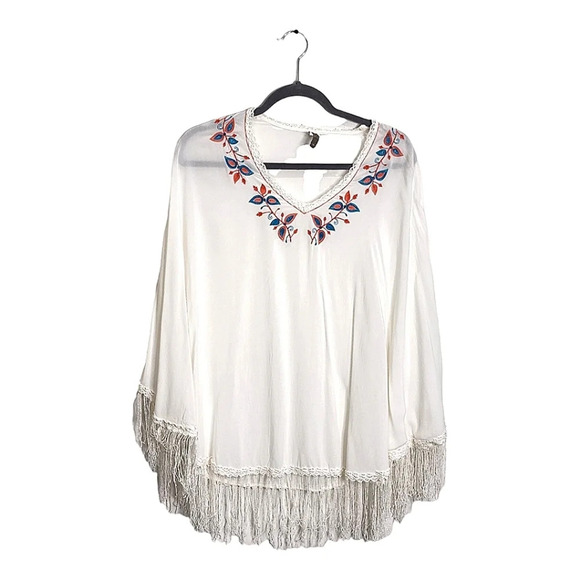 XCVI Cream Fringe Poncho Orange Embroidered V-Neck Size S - Picture 4 of 12